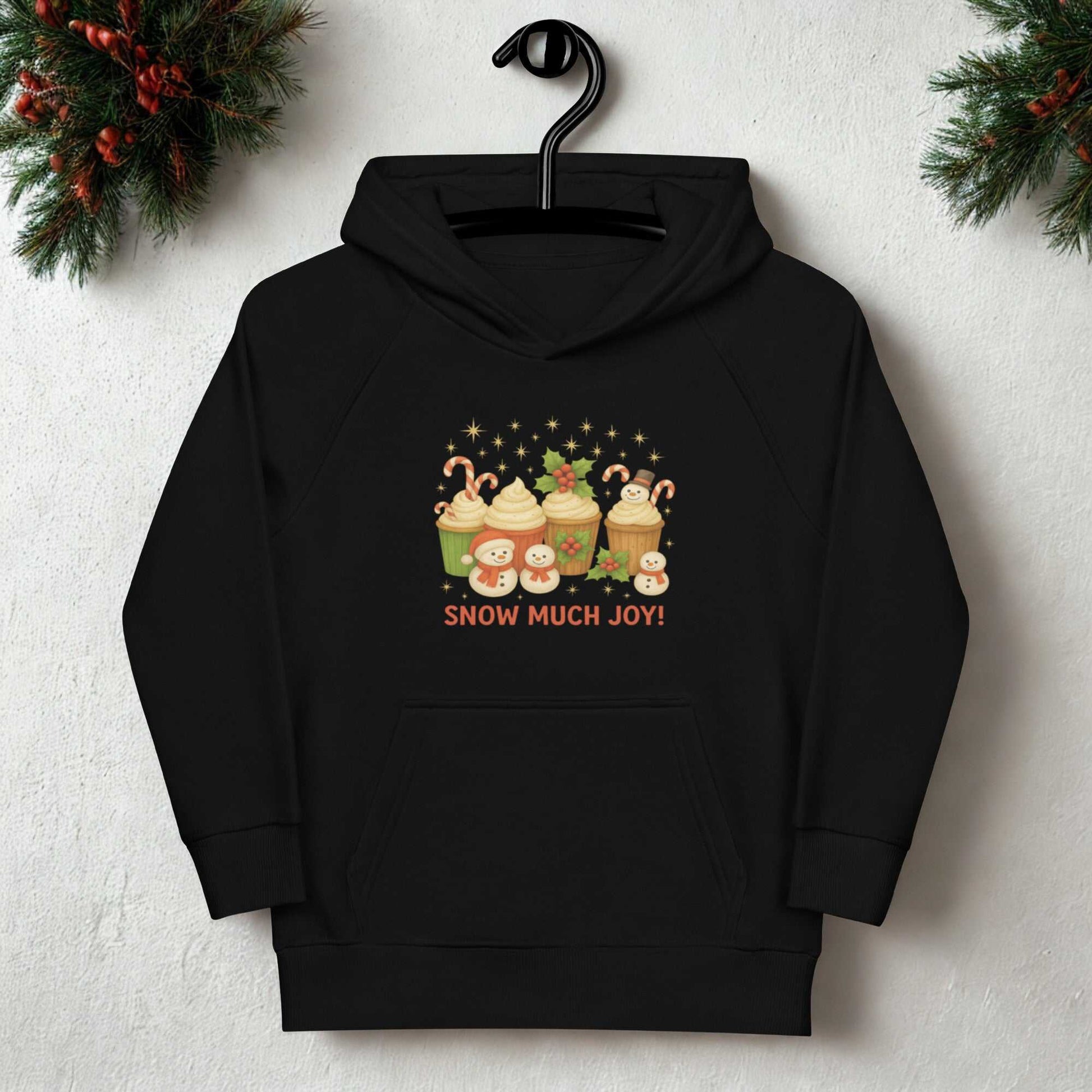 Black kids Christmas hoodie with festive holiday cupcake and snowman design and "Snow Much Joy" text