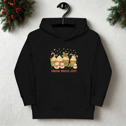 Black kids Christmas hoodie with festive holiday cupcake and snowman design and "Snow Much Joy" text