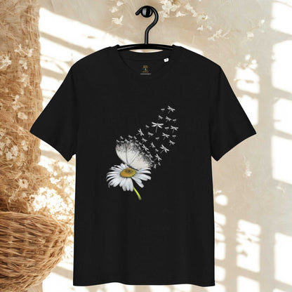 Black Bloom & Fly Mystic Daisy Organic Cotton Tee with white daisy and butterfly design on hanger