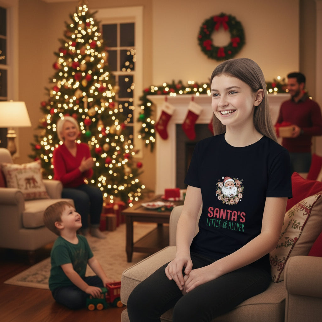 Child wearing black Santa's Little Helper Christmas T-Shirt with Santa graphic and holiday text outdoors