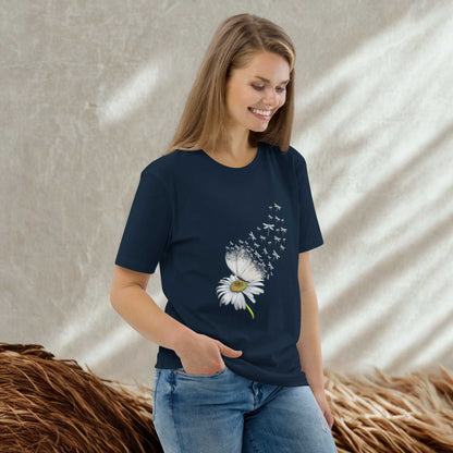 Woman wearing Bloom & Fly Mystic Daisy Organic Cotton Tee with daisy and flying butterflies design