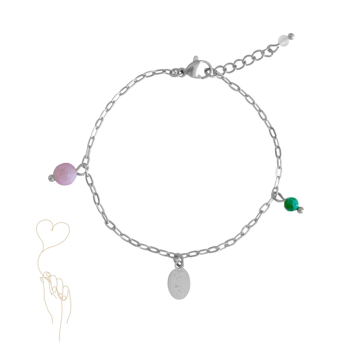 Zilveren armband met Chalcedoon, Malachiet en Rozenkwarts edelstenen, symbool voor steun en liefde
