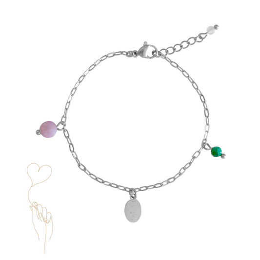 Zilveren armband met Chalcedoon, Malachiet en Rozenkwarts edelstenen, symbool voor steun en liefde