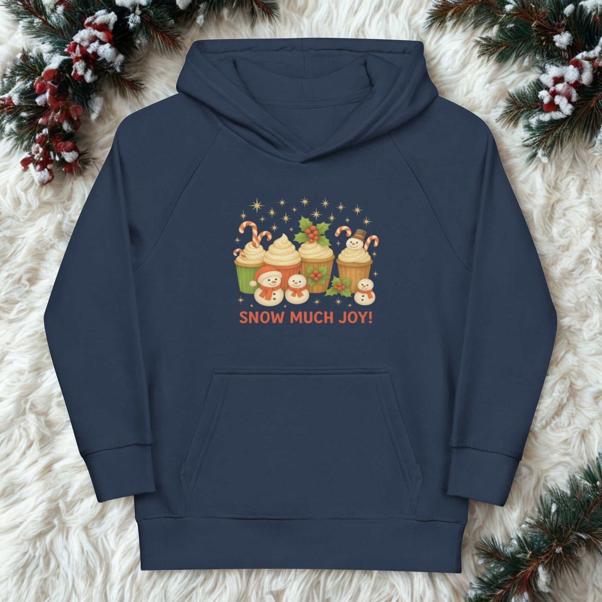 Navy kids Christmas hoodie with festive cupcake and snowman design and "Snow Much Joy" text