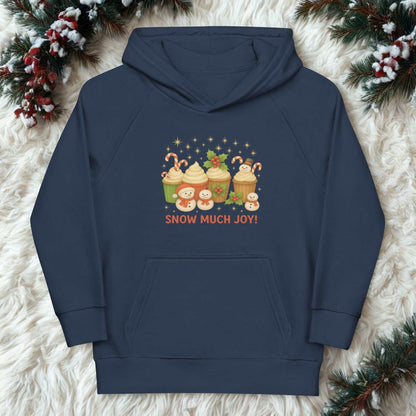 Navy kids Christmas hoodie with festive cupcake and snowman design and "Snow Much Joy" text