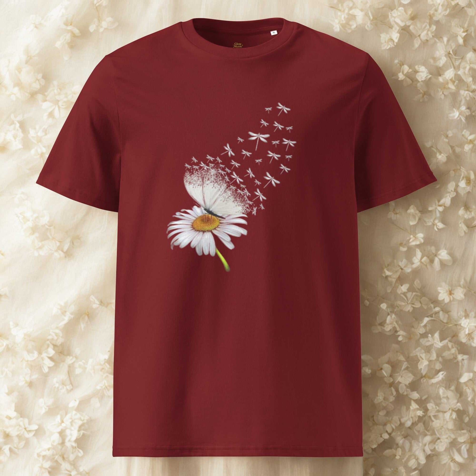 Bloom & Fly Mystic Daisy Organic Cotton Tee maroon shirt with daisy and dandelion seed design eco-friendly cotton