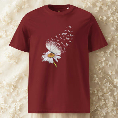 Bloom & Fly Mystic Daisy Organic Cotton Tee maroon shirt with daisy and dandelion seed design eco-friendly cotton