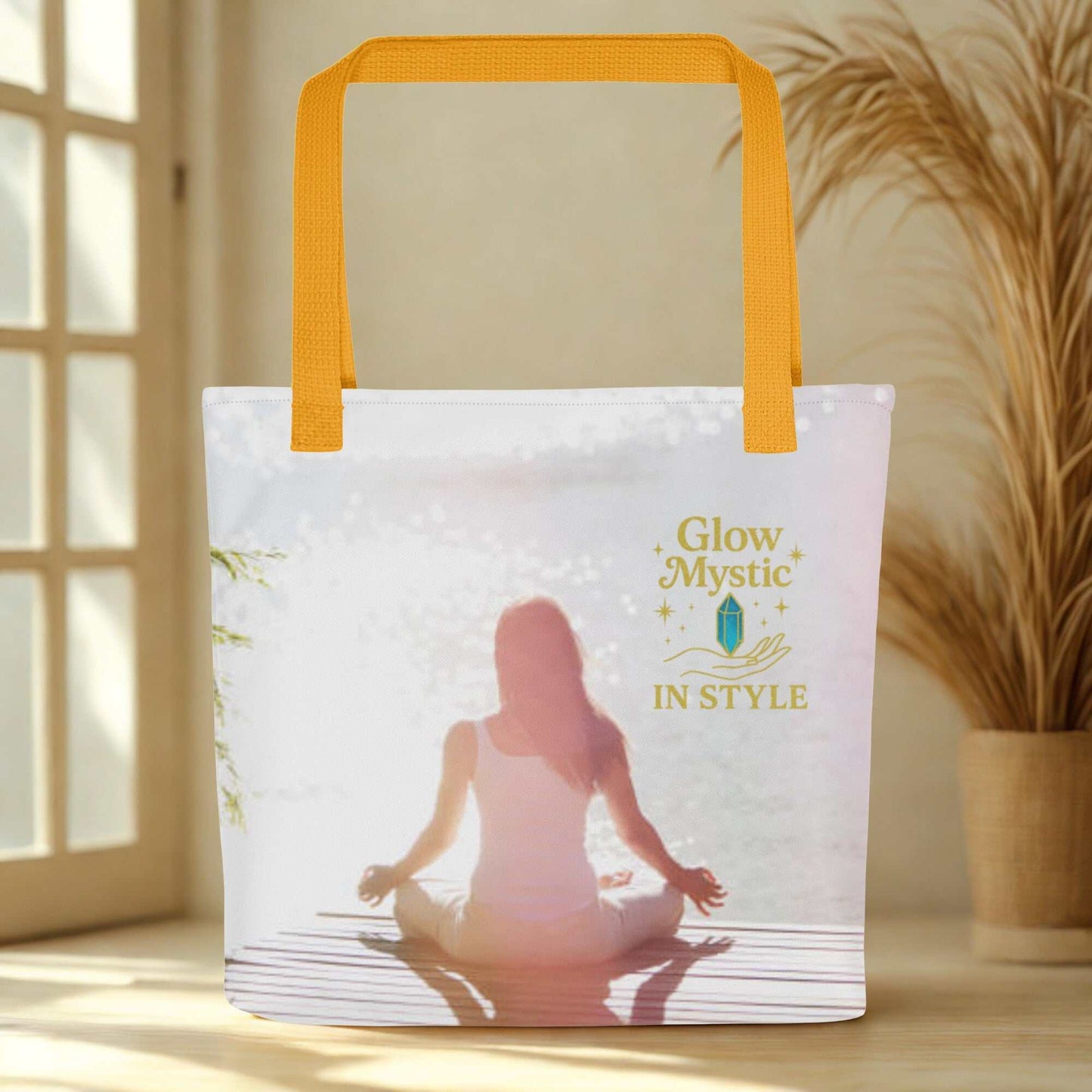 Spiritual Tote Bag with meditation design and yellow handles for mindful living and eco-friendly use