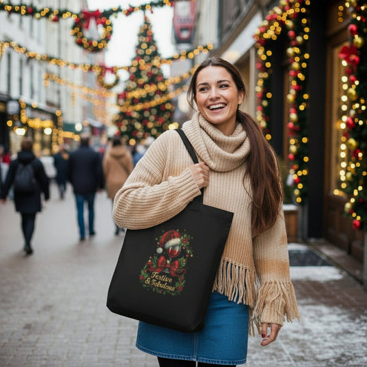vrouw met eco tote bag met feestelijke print op straat tijdens kersttijd duurzame herbruikbare boodschappentas