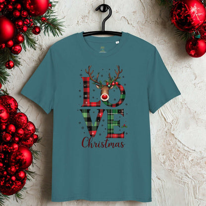 Organic Cotton Christmas T-Shirt with festive plaid "LOVE Christmas" reindeer design in eco-friendly fabric