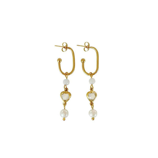 Goudkleurige stainless steel oorbellen met kristal hart, maansteen en parel, elegant en duurzaam