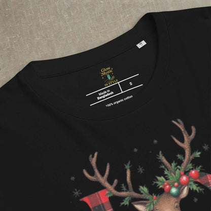 Black organic cotton Christmas t-shirt with festive reindeer and holiday greenery print