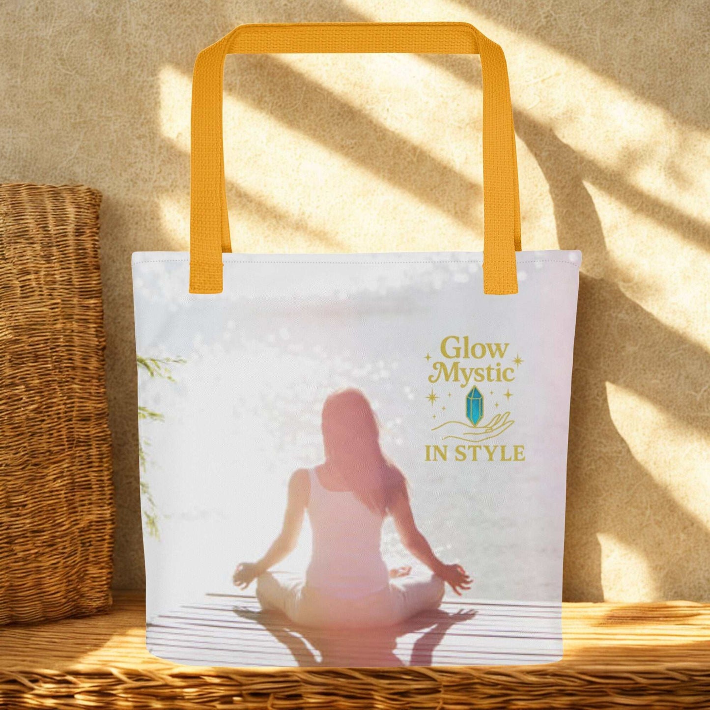 Spiritual Tote Bag with yellow handles featuring a meditating figure and "Glow Mystic in Style" text design