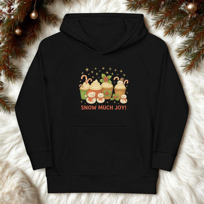 Black kids Christmas hoodie with festive cupcakes and "Snow Much Joy!" text on front