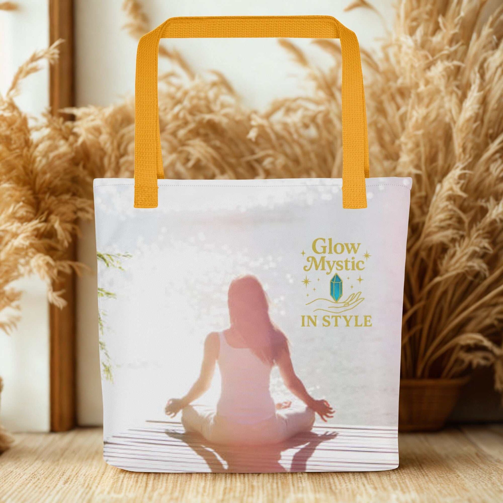 Spiritual Tote Bag with meditation design and yellow handles, eco-friendly and spacious reusable bag