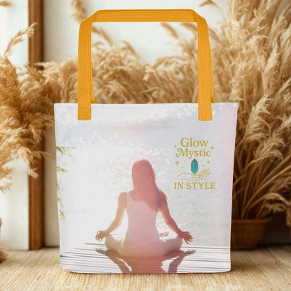 Spiritual Tote Bag with meditation design and yellow handles, eco-friendly and spacious reusable bag