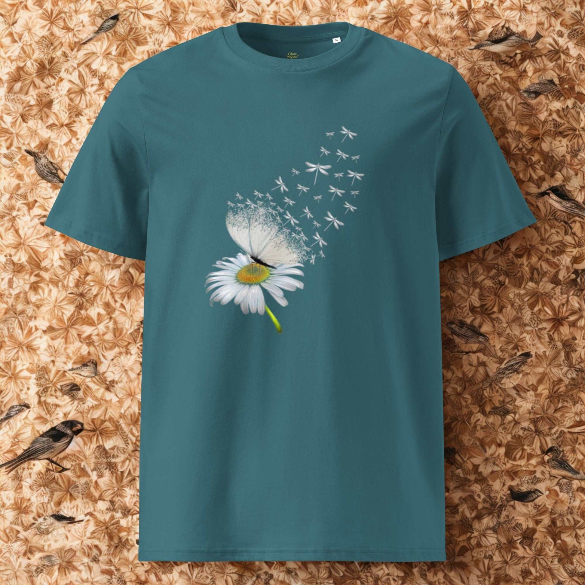 Bloom & Fly Mystic Daisy Organic Cotton Tee in teal with daisy and dandelion design, eco-friendly unisex cotton shirt