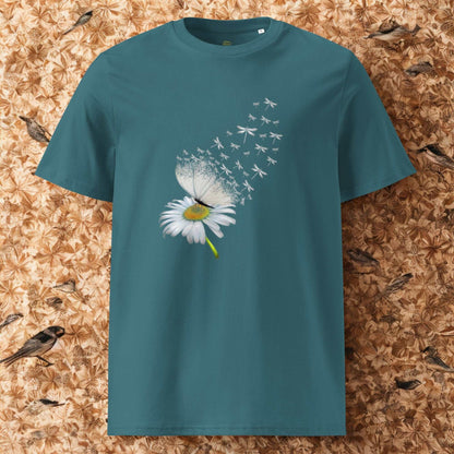 Bloom & Fly Mystic Daisy Organic Cotton Tee in teal with daisy and dandelion design, eco-friendly unisex cotton shirt