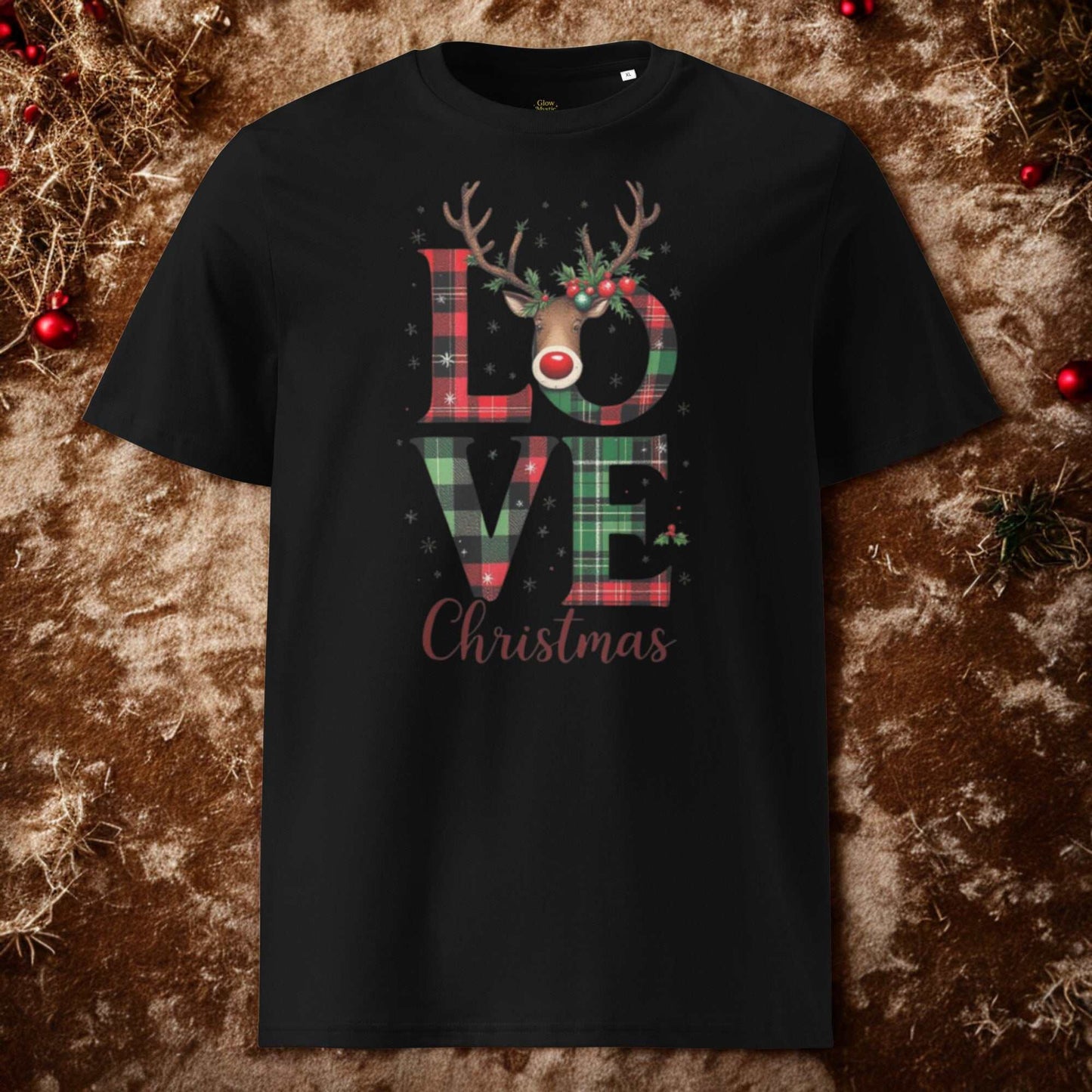 Organic Cotton Christmas T-Shirt with festive plaid LOVE reindeer design on black background