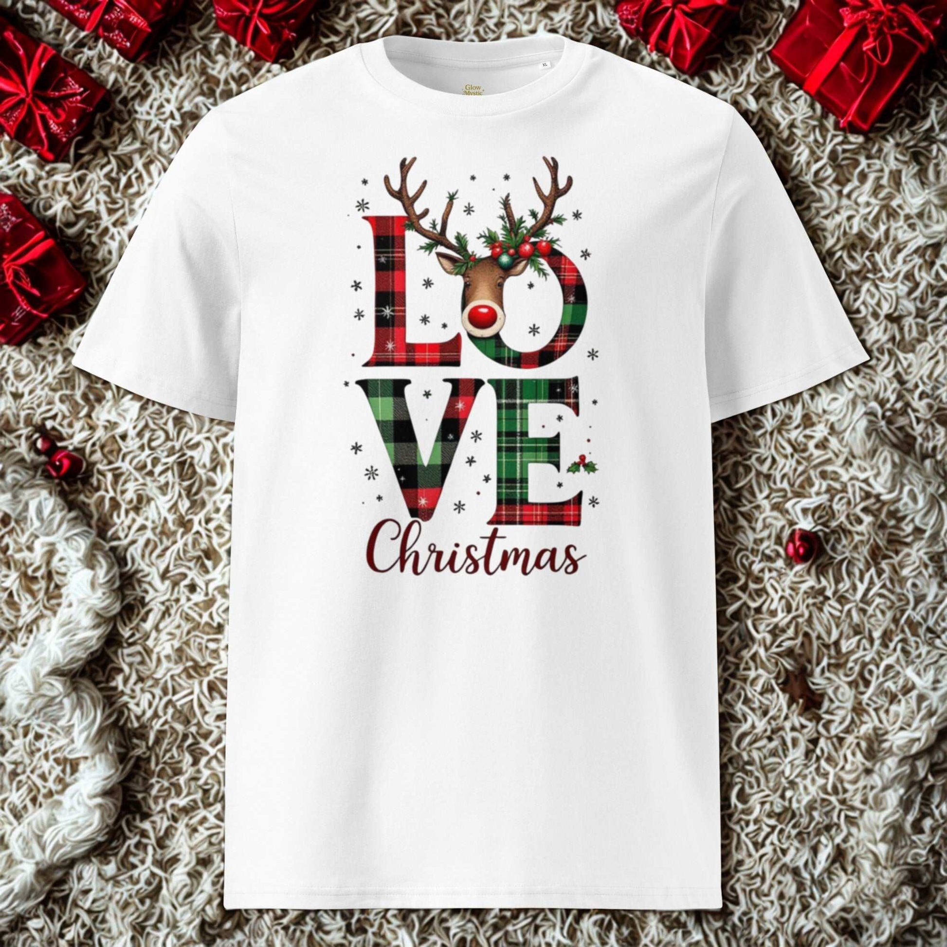 White organic cotton Christmas t-shirt with festive plaid "LOVE Christmas" print featuring reindeer antlers and red nose design