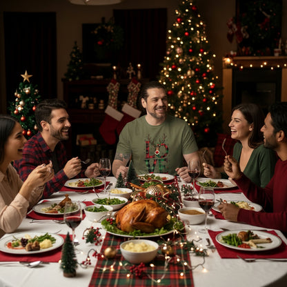 Man wearing organic cotton Christmas t-shirt with festive "LOVE Christmas" plaid and reindeer design in cozy holiday setting.