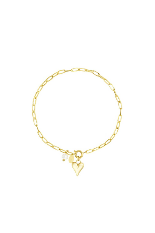 Gouden RVS bedelarmband met hartje en parel voor dames