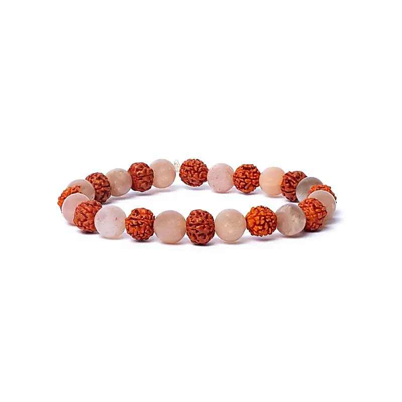 Elastische armband met Perzik Maansteen en Rudraksha kralen voor innerlijke rust en vrouwelijke energie