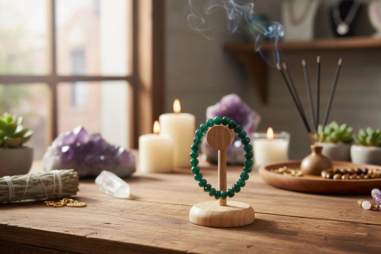 Aventurijn armband met facetgeslepen groene kralen op houten standaard, omringd door kaarsen en kristallen voor spirituele sfeer