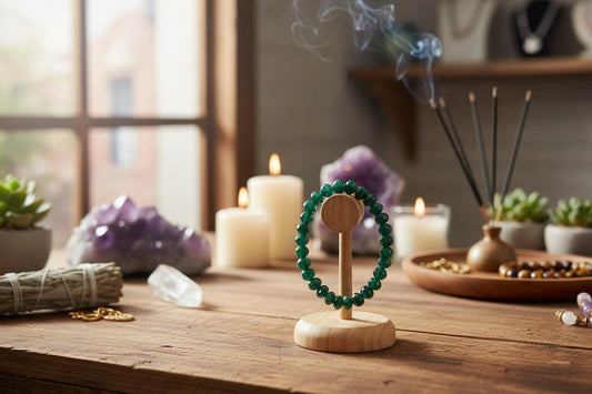 Aventurijn armband met facetgeslepen groene kralen op houten standaard, omringd door kaarsen en kristallen voor spirituele sfeer