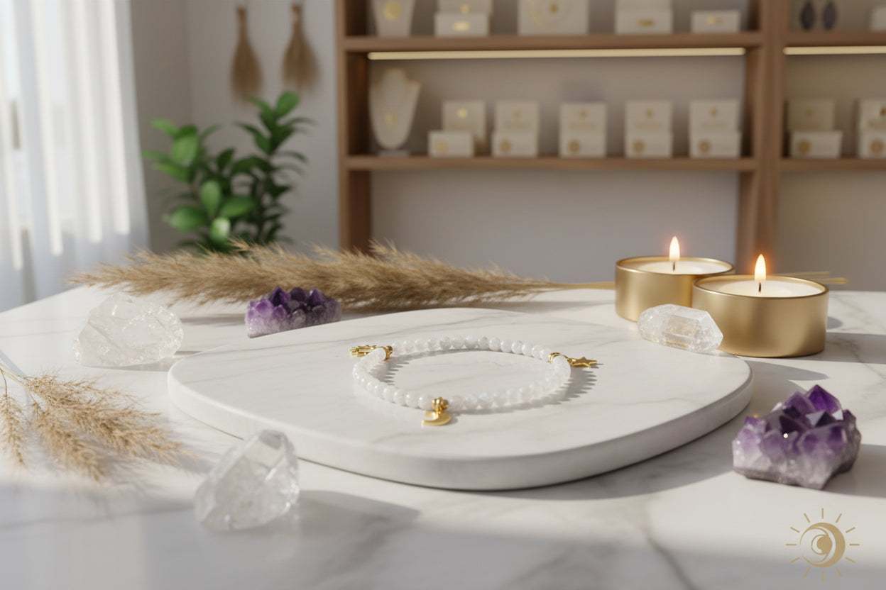 Maansteen armband met metalen bedels van zon, maan en sterren in zachte wit-parelmoer uitstraling.