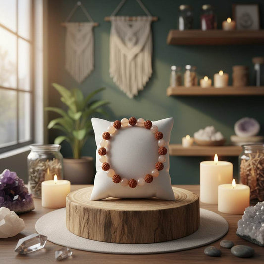 handgemaakte perzik maansteen en rudraksha armband voor innerlijke rust en vrouwelijke energie