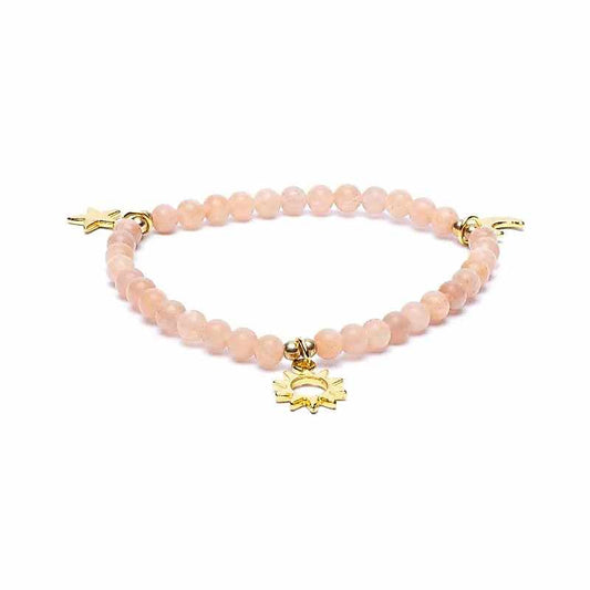 Zonnesteen armband met metalen zon, maan en sterren bedels en perzikkleurige edelstenen