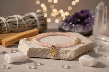 Zonnesteen armband met metalen zon, maan en sterren bedels op elastisch koord