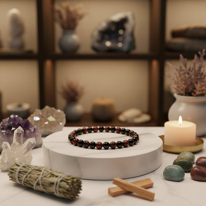 Red Tiger Eye en Black Onyx beschermende armband op witte standaard met spirituele accessoires en kaars.