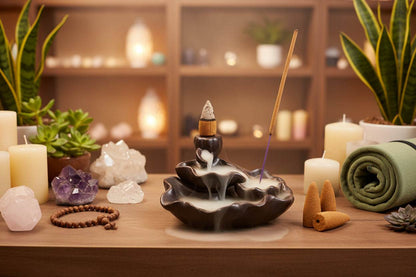 backflow waterval wierookbrander in lotusvijver design met kalmerend rookwatereffect voor meditatie en ontspanning