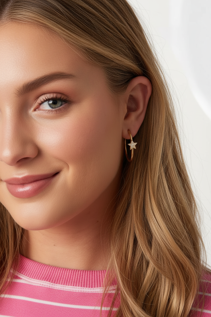 Model draagt een paar gouden stainless steel creolen met fonkelende strass sterren.