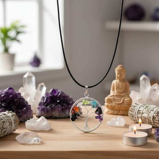 7 chakra ketting levensboom hanger met zeven halfedelstenen aan zwarte leren ketting voor balans en spirituele energie