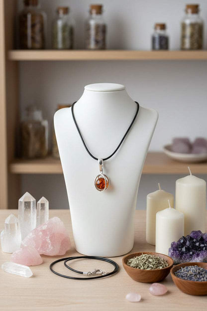Tijdloze ketting met 925 sterling zilveren hanger en ronde amber van 7 mm aan zwarte leren ketting