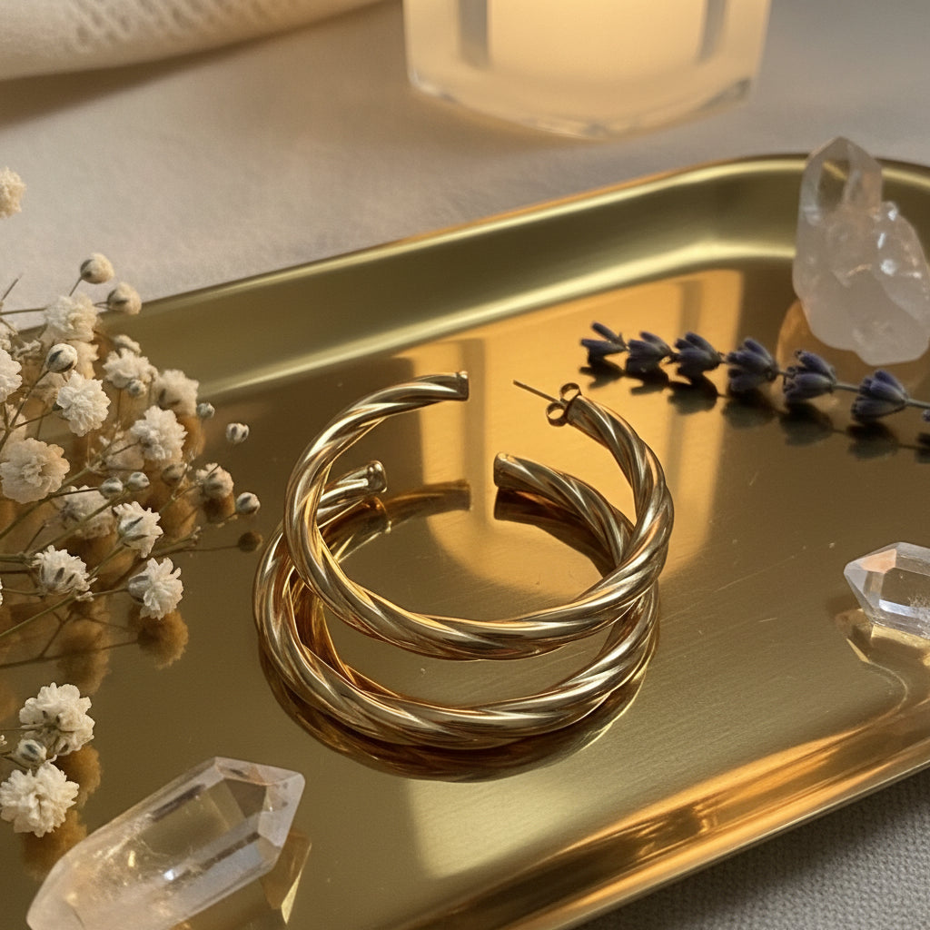 Close up van de hoop oorbellen van Glow Mystic in Style goudkleurige oorbellen op een goudkleurige tray.