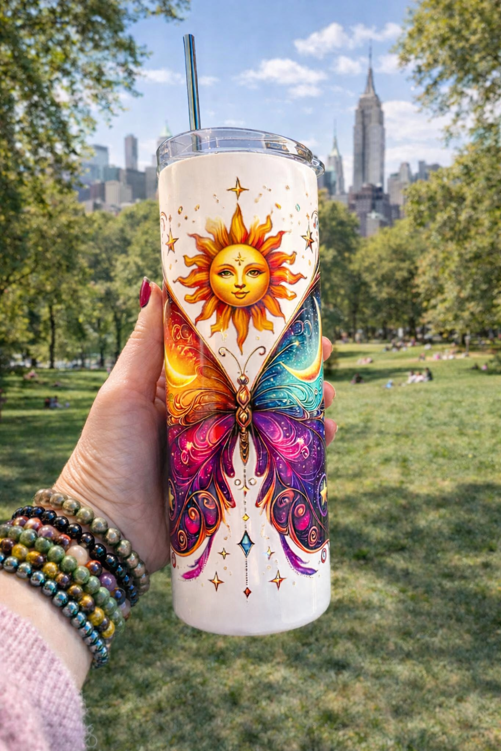 RVS drinkbeker met zon en maan design, dubbelwandig geïsoleerde stainless steel tumbler, ideaal voor warme en koude dranken.