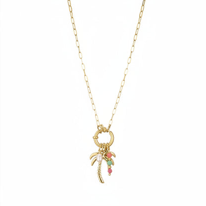 Goudkleurige stainless steel ketting met een palmboom bedel voorzien van een witte zoetwaterparel en gekleurde kralen aan een trendy grove schakelketting van Glow Mystic in Style