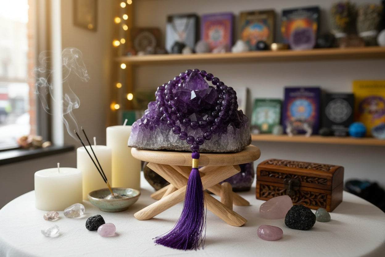 paarse amethist mala met 108 kralen en kwast op houten standaard voor spirituele rust en bescherming