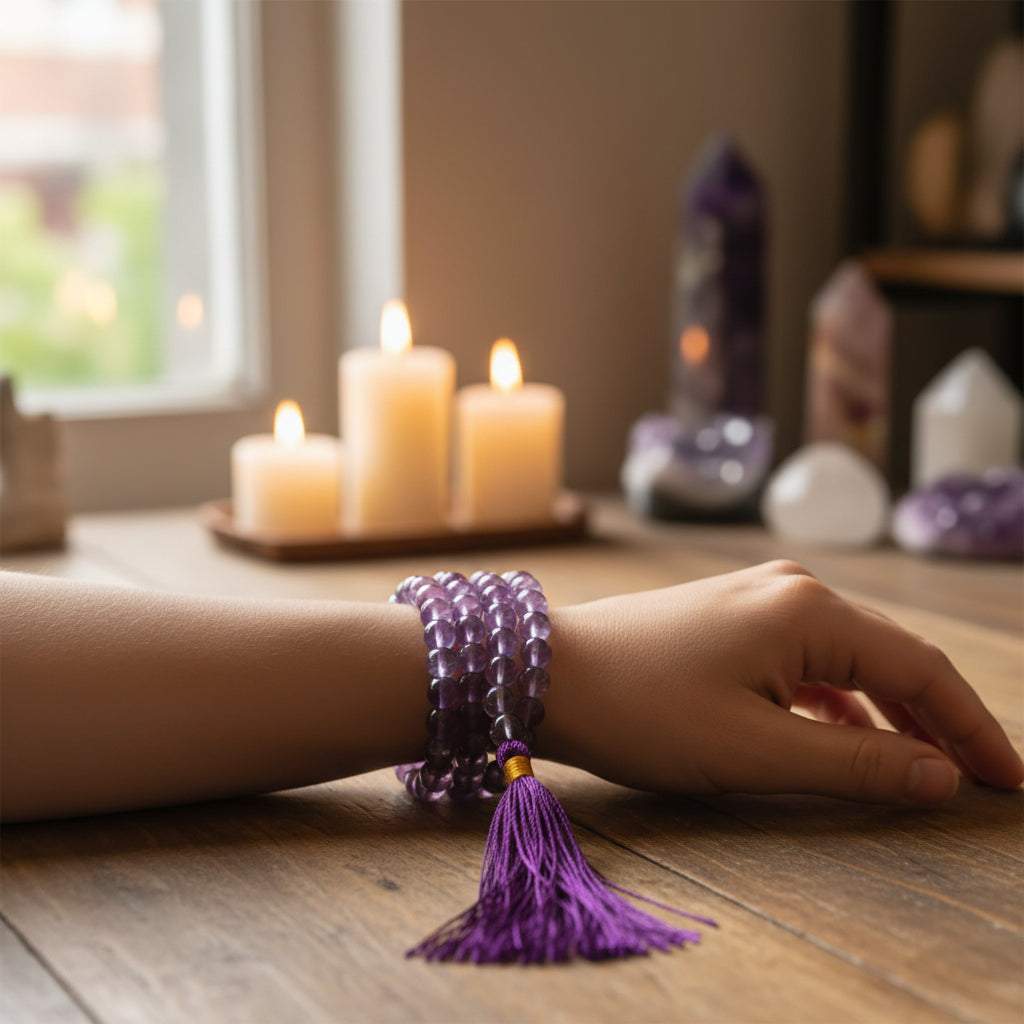 paarse amethist mala armband met 108 kralen en kwast voor innerlijke rust en bescherming
