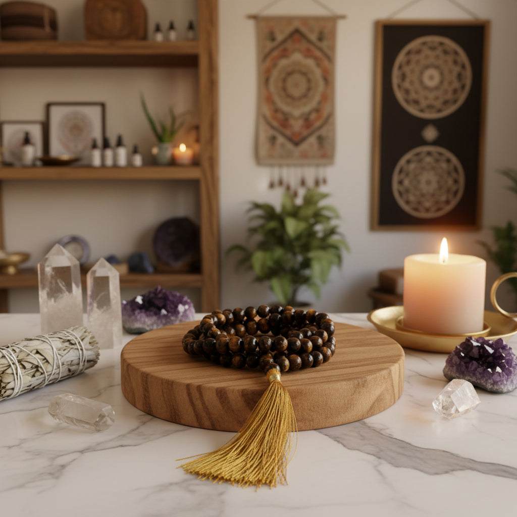 Mala Tijgeroog 108 kralen AA-kwaliteit met gele kwast en luxe bewaartasje voor meditatie en bescherming