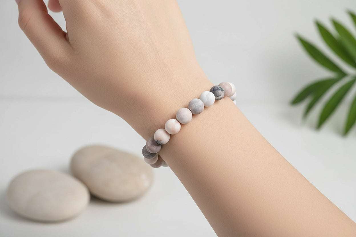 Elastische roze zebra jaspis mala-armband met 21 kralen voor liefde, mededogen en innerlijke rust