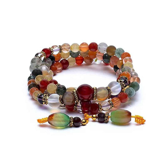 Agaat Mala met 108 kralen van bergkristal, amethist en citrien op elastisch koord met bijpassend brokaat tasje