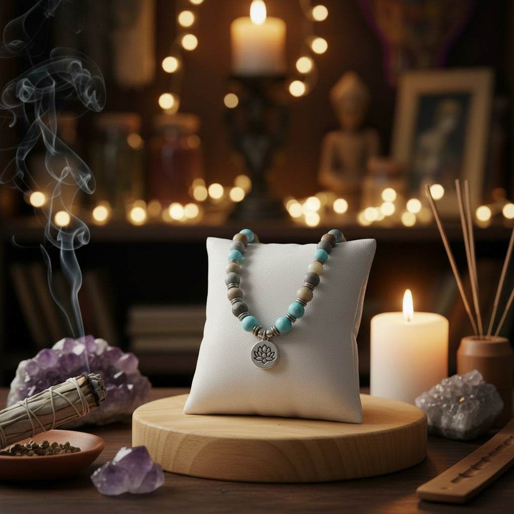 Amazoniet Mala met 108 kralen en lotus bedel, meditatie en bescherming sieraden