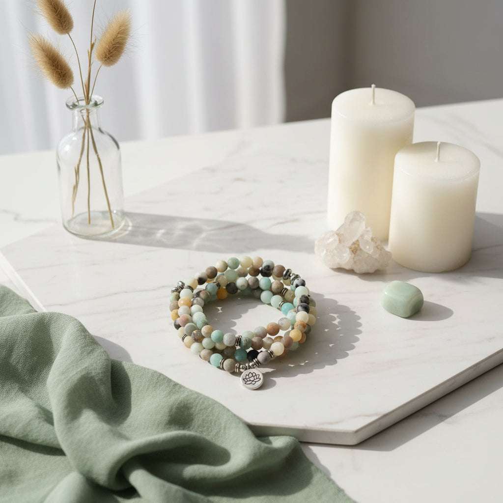 close-up van amazoniet mala armband en ketting met lotus bedel op marmeren plaat met kaarsen en decoratie, spiritueel sieraad voor meditatie en rust