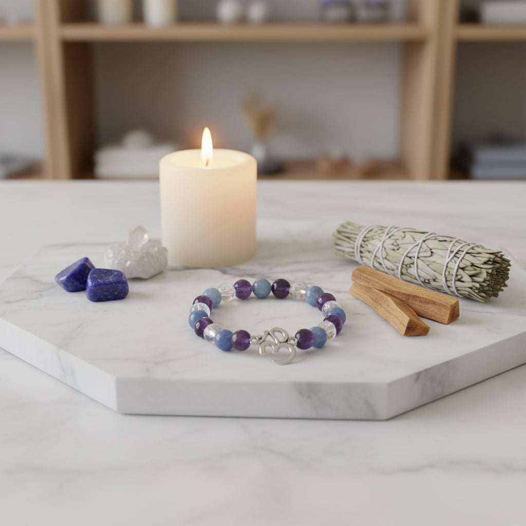 Amethist mala armband met aventurijn, bergkristal en Ohm symbool op marmeren plaat met kaars en salie.