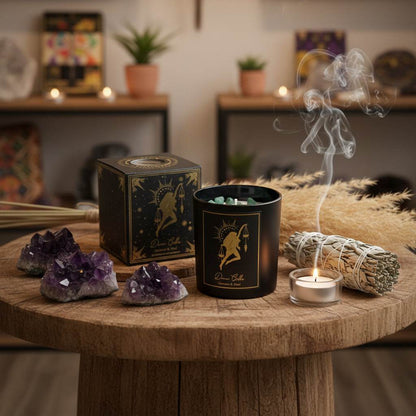 Divine Goddess Manifestatiekaars zwart glas met jasmijn, oudh en xinyi jade edelstenen voor spirituele energie en zelfzorg
